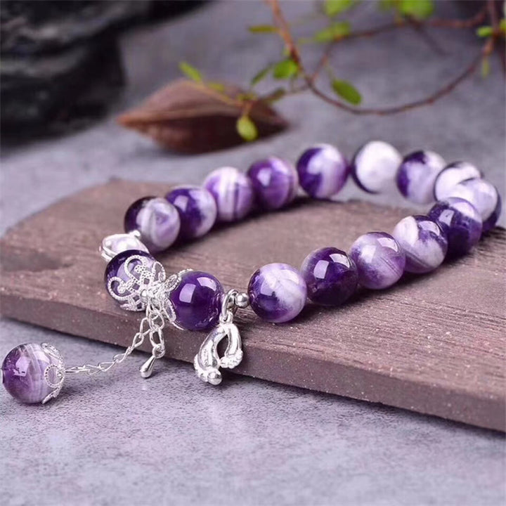 Pulsera con dije de corazón de amor para pies curativos con amatista natural de plata de ley 925 con Buddha Stones