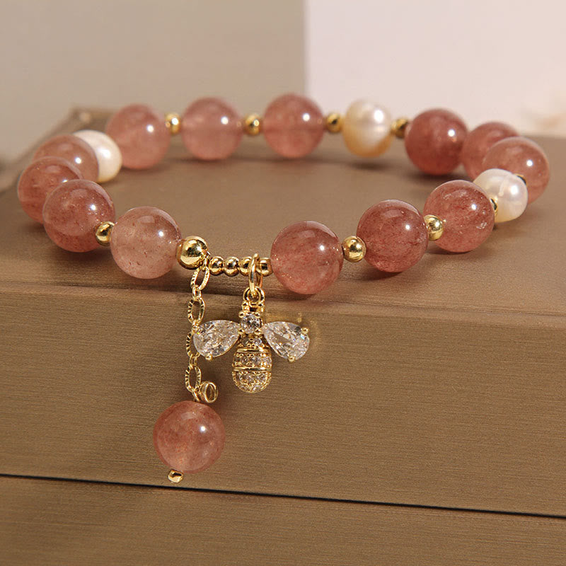Pulsera con dije positivo de abeja y circonita, Perla de cuarzo fresa y piedras de Buddha Stones