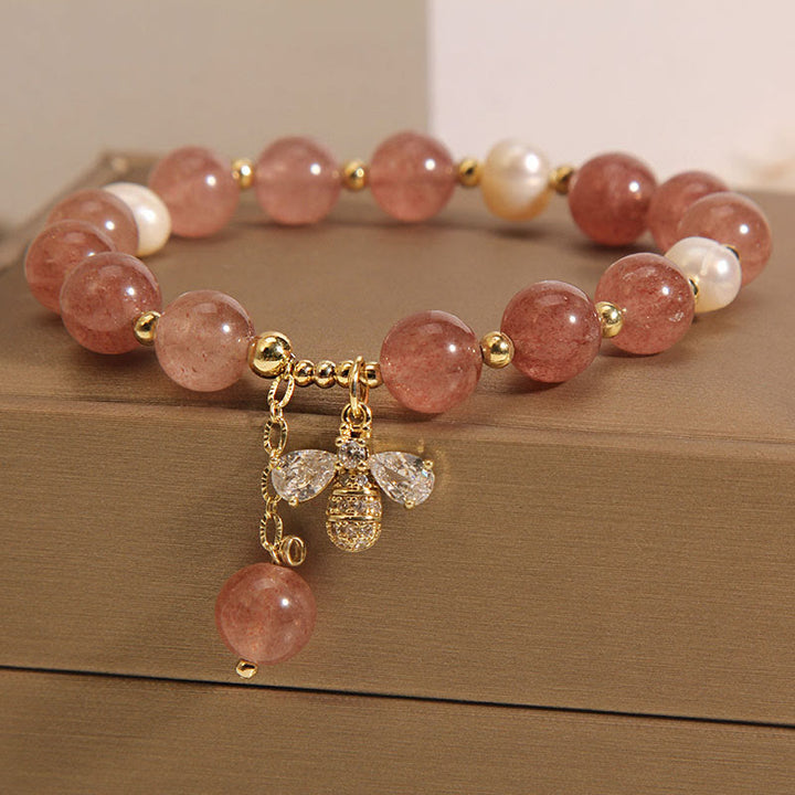 Pulsera con dije positivo de abeja y circonita, Perla de cuarzo fresa y piedras de Buddha Stones