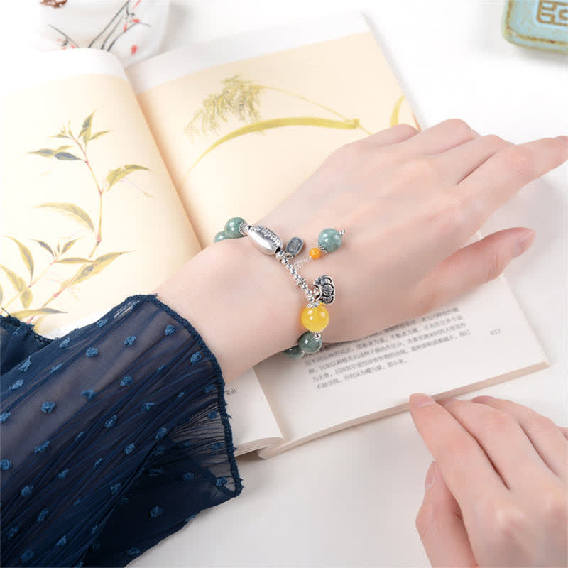 Pulsera de éxito de ámbar, jade cian y plata de ley 925