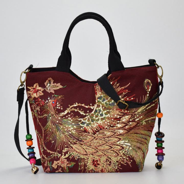 Bolso de mano con bordado de doble cara de pavo real con Buddha Stones, bolso bandolera