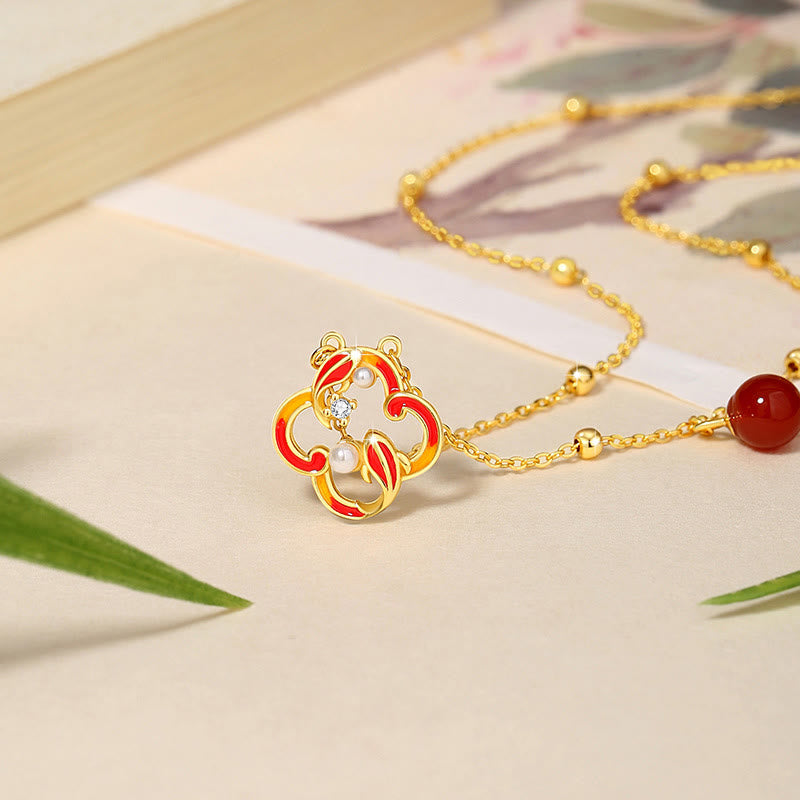 Juego de pendientes y collar con colgante de trébol de cuatro hojas, Plata de Ley 925, Buddha Stones , ágata roja, perla, riqueza