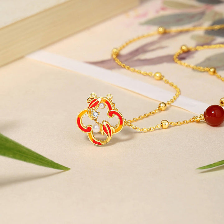 Juego de pendientes y collar con colgante de trébol de cuatro hojas, Plata de Ley 925, Buddha Stones , ágata roja, perla, riqueza