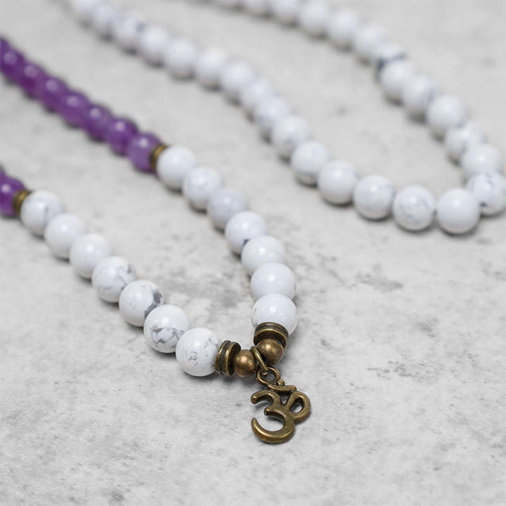 108 cuentas Mala amatista turquesa blanca OM pulsera de energía de meditación curativa