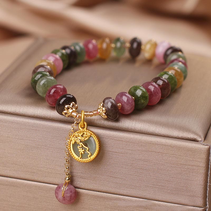 Pulsera de amor con dije de conejo y turmalina colorida con Buddha Stones