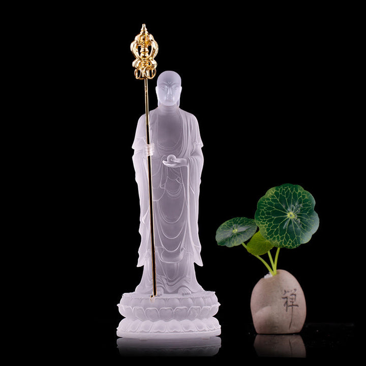 Buddha Stones hechas a mano, estatuilla de Bodhisattva Ksitigarbha, pieza de arte de cristal Liuli, estatua de serenidad, decoración del hogar - Blanco 7,8*7,8*20 cm - image 3