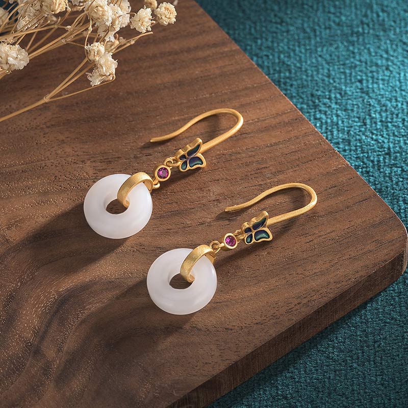 Pendientes de la fortuna de mariposa de jade blanco FengShui