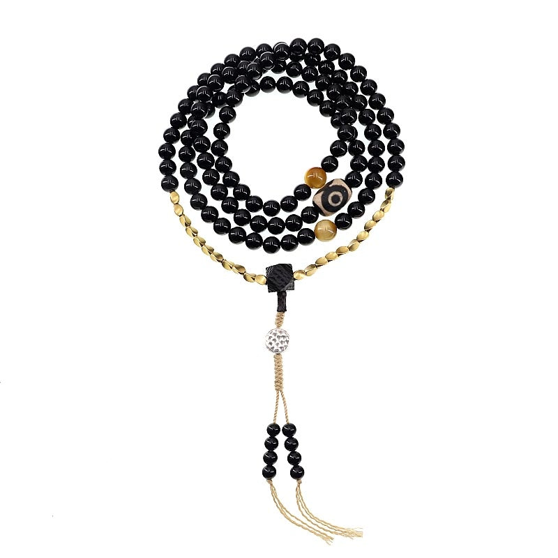 Pulsera de protección de cuentas Dzi de tres ojos de ónix negro con cuentas tibetanas de 108 Mala