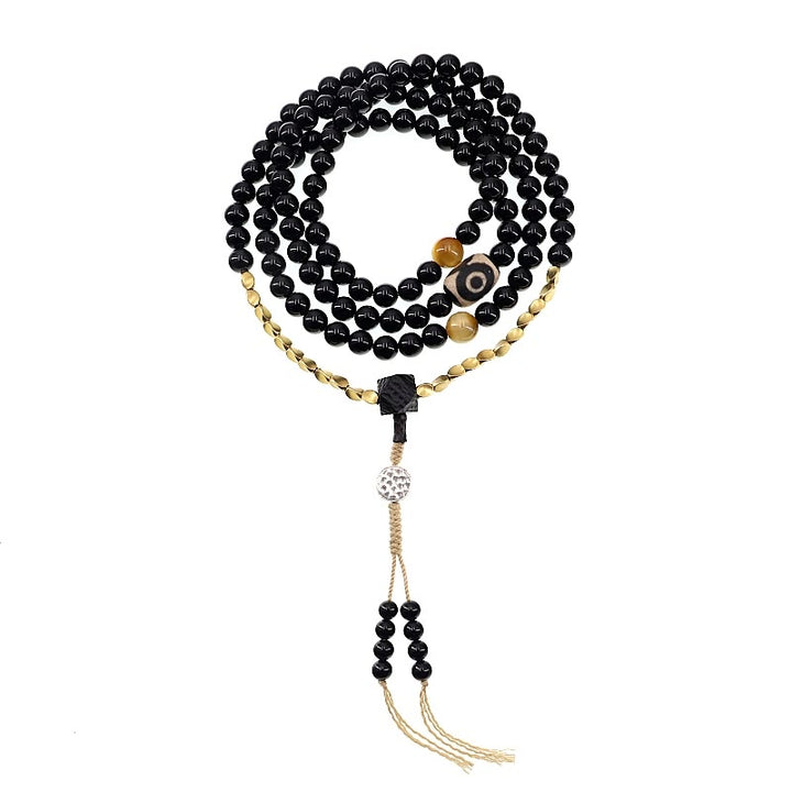 Pulsera de protección de cuentas Dzi de tres ojos de ónix negro con cuentas tibetanas de 108 Mala