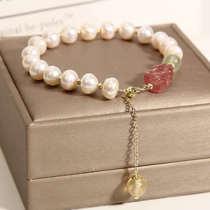 Pulsera con dijes de optimismo PiXiu, cuarzo fresa, perlas naturales , Buddha Stones - image 3
