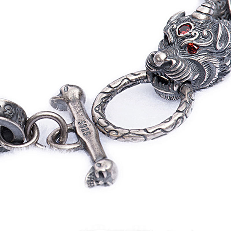 Brazalete de plata de ley 925 con diseño de dragón Kirin Om Mani Padme Hum y fuerza de éxito