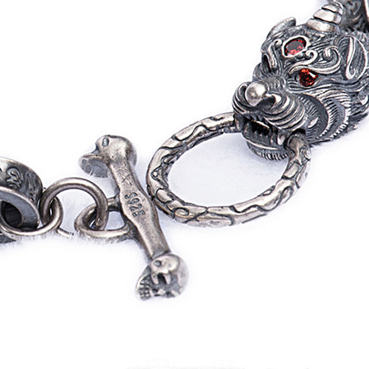 Brazalete de plata de ley 925 con diseño de dragón Kirin Om Mani Padme Hum y fuerza de éxito