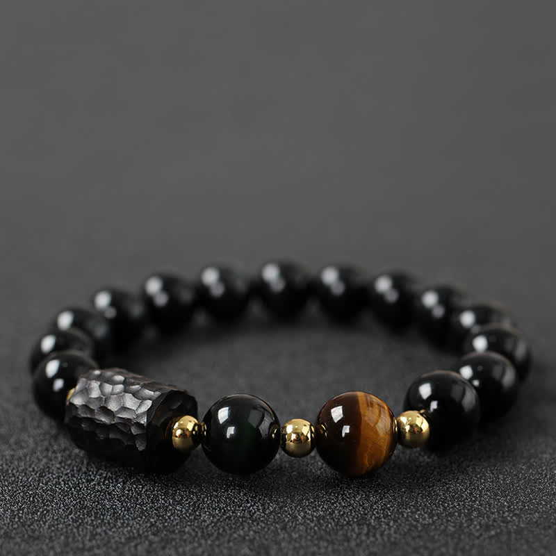 Pulsera de pareja de fuerza de ojo de tigre rojo de madera de ébano de obsidiana negra
