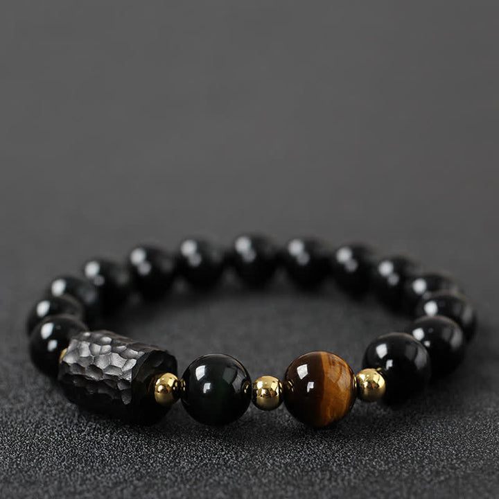 Pulsera de pareja de fuerza de ojo de tigre rojo de madera de ébano de obsidiana negra