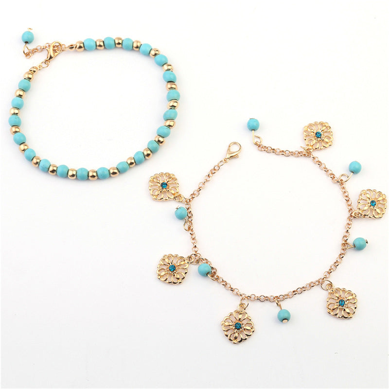 Tobillera con pulsera de protección de flores de piedra turquesa de 2 piezas