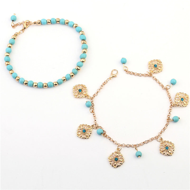 Tobillera con pulsera de protección de flores de piedra turquesa de 2 piezas