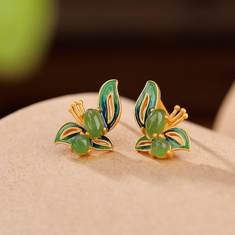 Pendientes curativos de la suerte de mariposa de jade cian natural chapado en plata de ley 925 con Buddha Stones