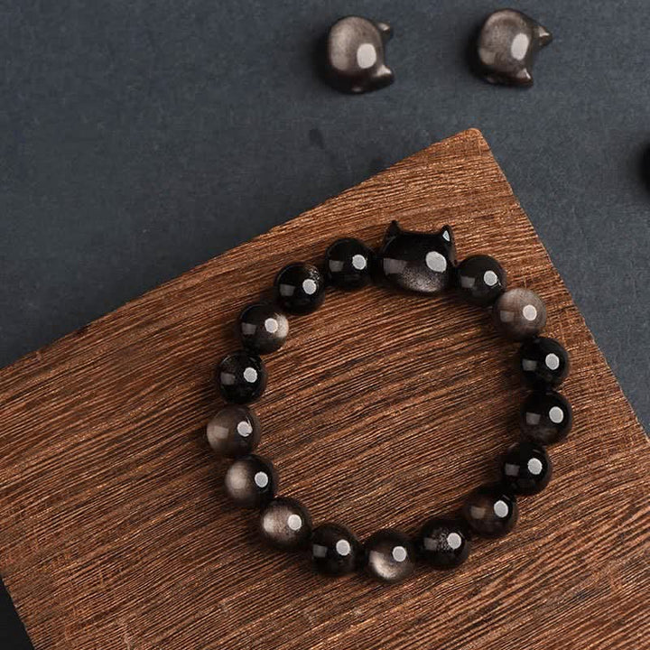 Buddha Stones Obsidiana con brillo dorado Obsidiana con brillo plateado Pata encantadora Pulsera de protección del gato de la suerte - image 28