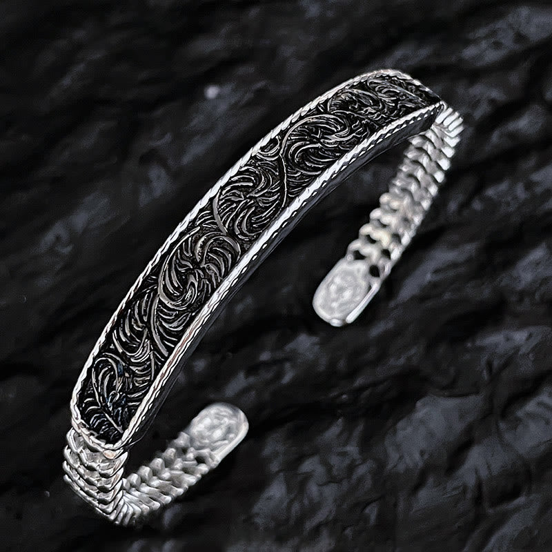 Brazalete de la suerte de cobre grabado con diseño de flor de la dinastía Tang, anillo ajustable