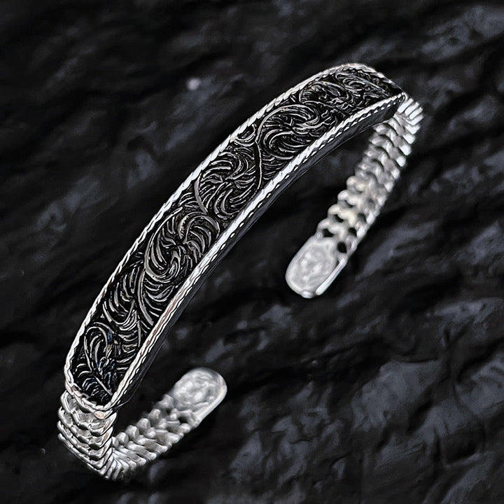 Brazalete de la suerte de cobre grabado con diseño de flor de la dinastía Tang, anillo ajustable