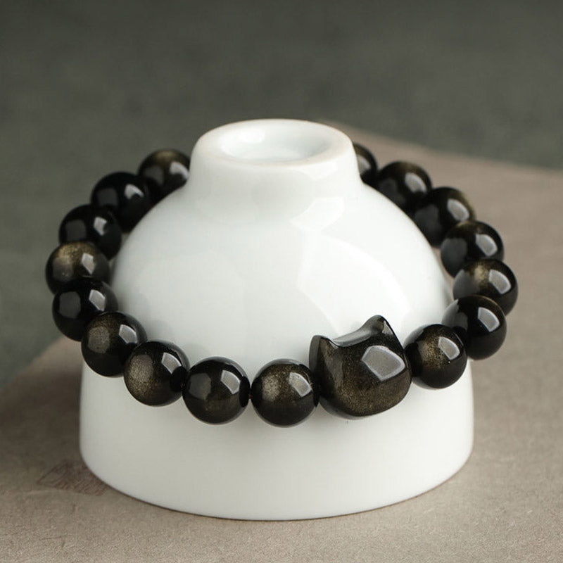Buddha Stones Obsidiana con brillo dorado Obsidiana con brillo plateado Pata encantadora Pulsera de protección del gato de la suerte - image 2