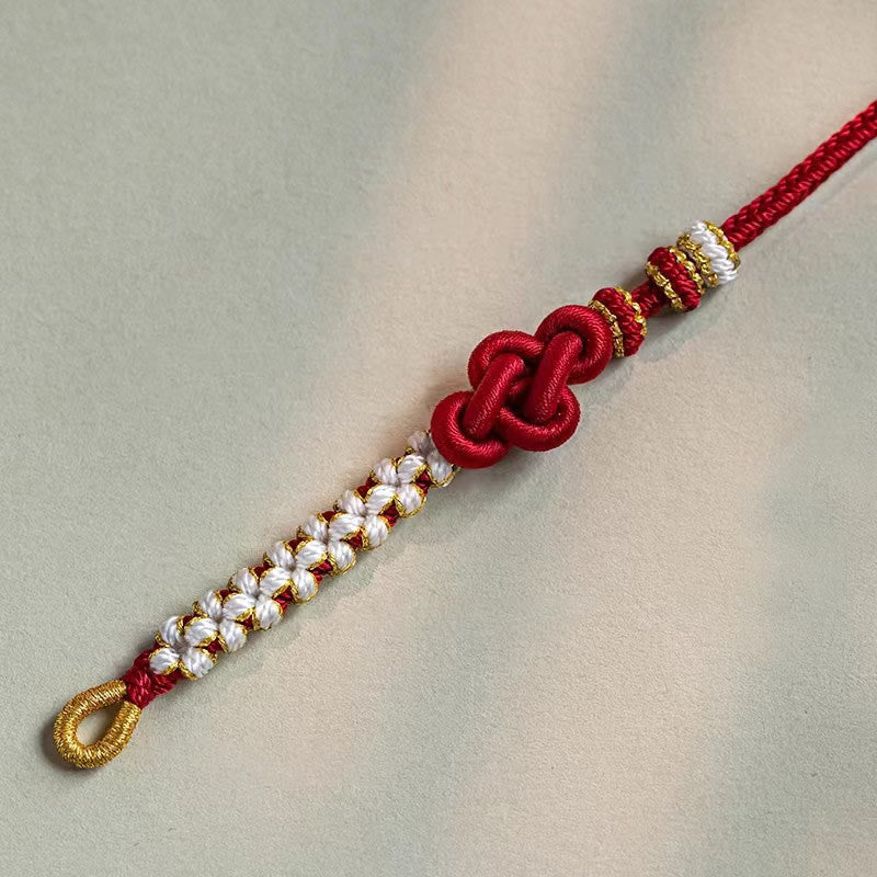 Pulsera de cuerda de la suerte con dije de flor de melocotón, nudo de amor verdadero hecho a mano con Buddha Stones