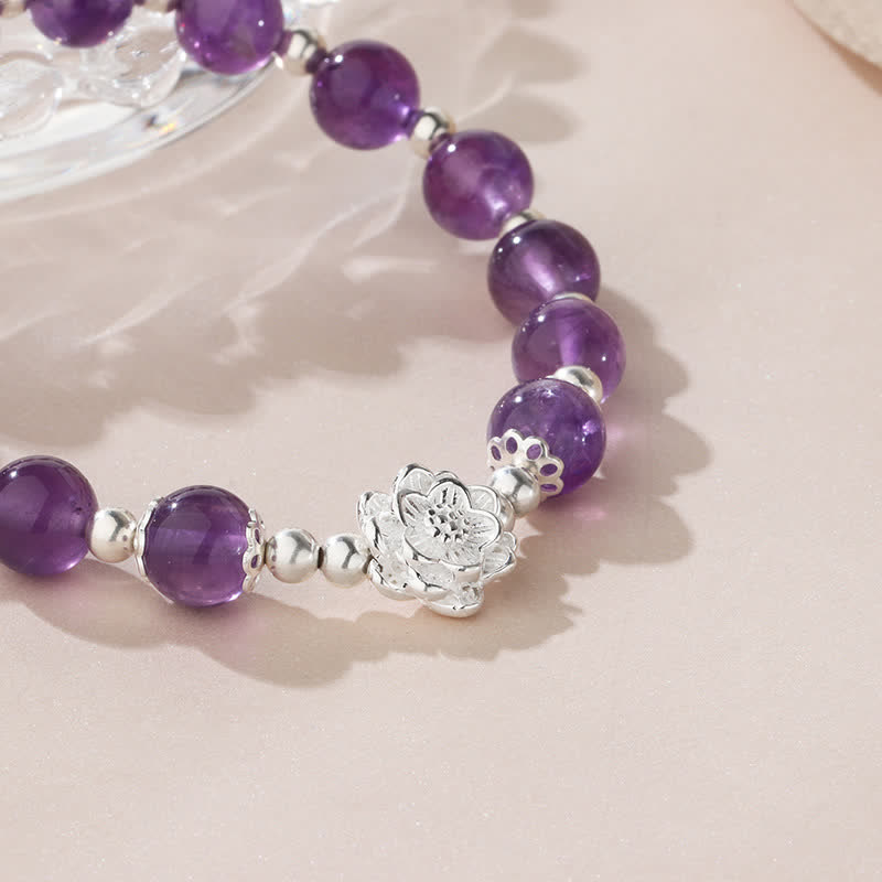 Pulsera espiritual de loto de amatista natural de plata de ley 925 con Buddha Stones