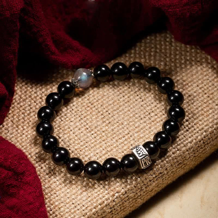 Pulsera de fuerza de piedra lunar de obsidiana negra de plata de ley 925 con Buda natal del zodíaco chino