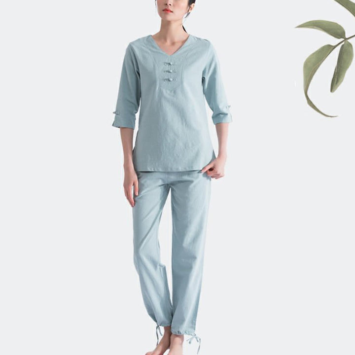 Conjunto de ropa de lino y algodón con diseño de cuello en V para mujer, uniforme de práctica Zen, Buddha Stones, Yoga, meditación y oración