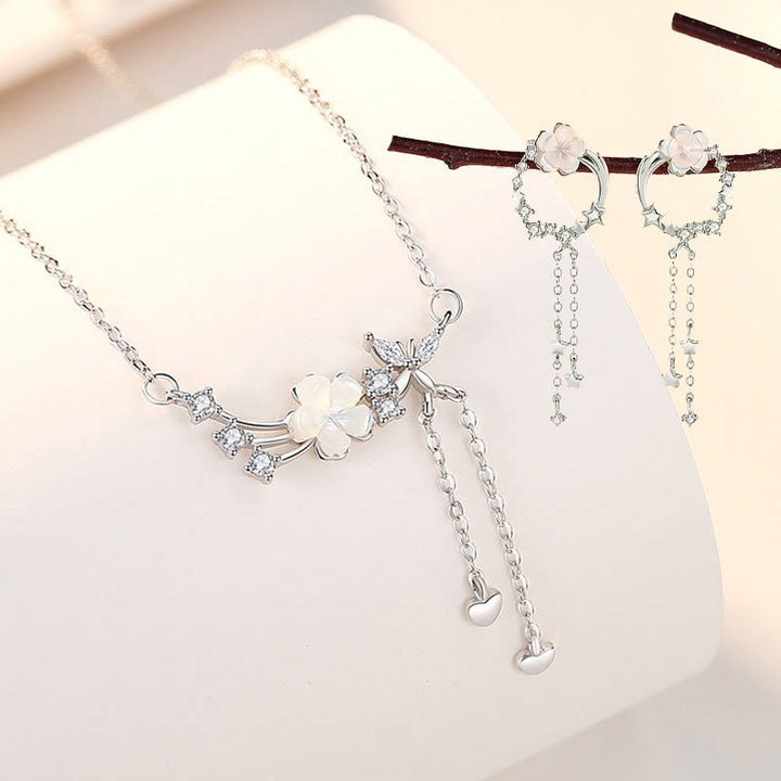 Juego de pendientes con colgante de collar de amor de mariposa y flor de plata de ley 925 con Buddha Stones