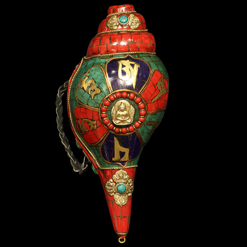 Concha tibetana hecha a mano Shankha Om Mani Padme Hum Buda, decoración de la suerte - image 1