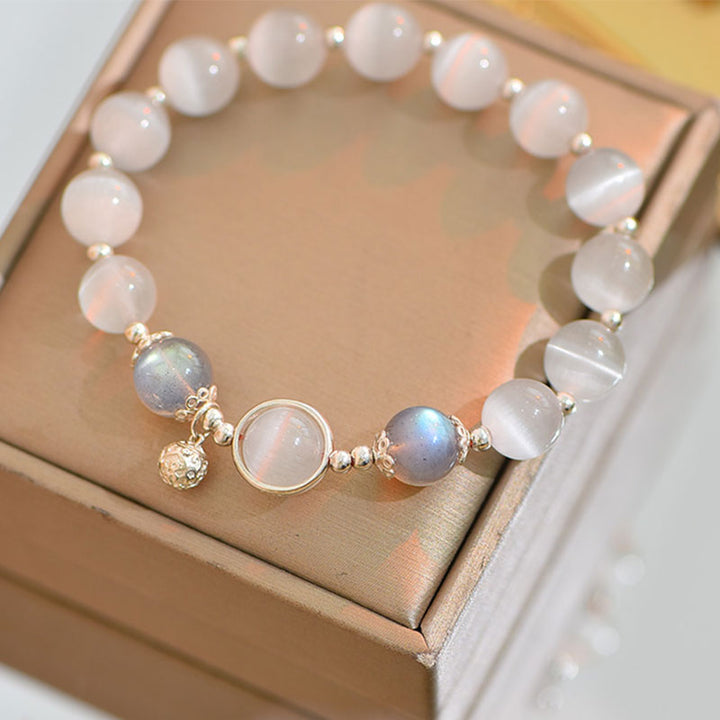 Pulsera de apoyo de amor con piedra lunar y ojo de gato de plata de ley 925 de Buddha Stones