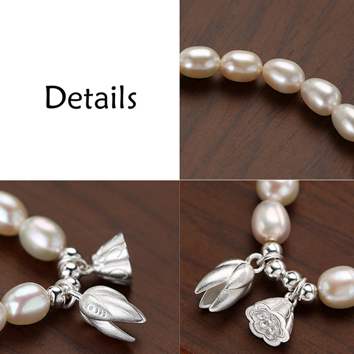 Pulsera curativa de perlas naturales con vaina de flor de loto de plata de ley 999 con Buddha Stones