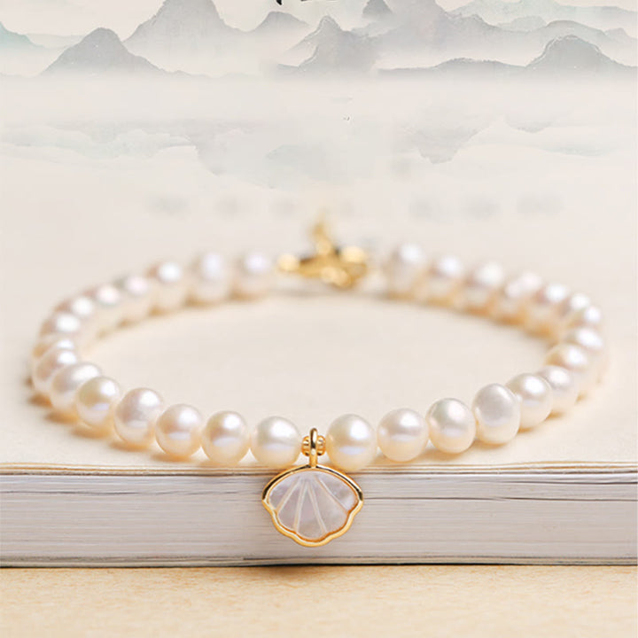 Pulsera de cuentas con dije de concha de cristal y perlas naturales chapadas en oro de 14 quilates con Buddha Stones
