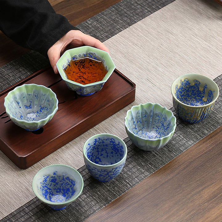 Buddha Stones, Retro Azul, rojo, gradiente, patrón de loto, cambio de horno, taza de té de cerámica, tazón de té de Kung Fu