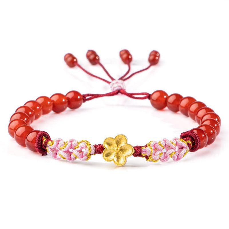 Pulsera de plata de ley 999 con Buddha Stones , ágata roja natural, cristal rosa, flor de cerezo