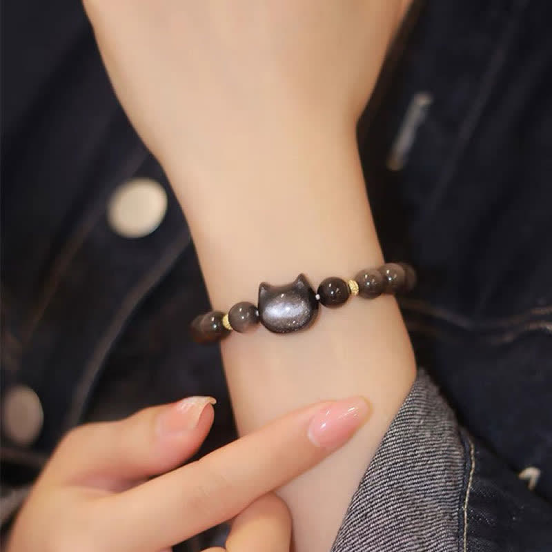 Buddha Stones Obsidiana con brillo dorado Obsidiana con brillo plateado Pata encantadora Pulsera de protección del gato de la suerte - image 35