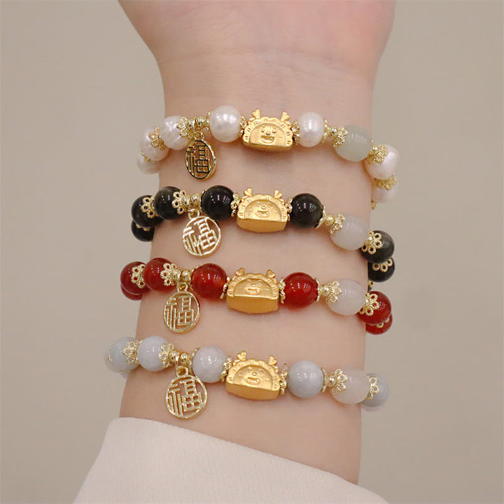 Buddha Stones Año del Dragón Ágata roja Cuarzo fresa Obsidiana negra Jade Granate Perla Cinabrio Bola de masa Dragón Suerte Fu Pulsera con personajes