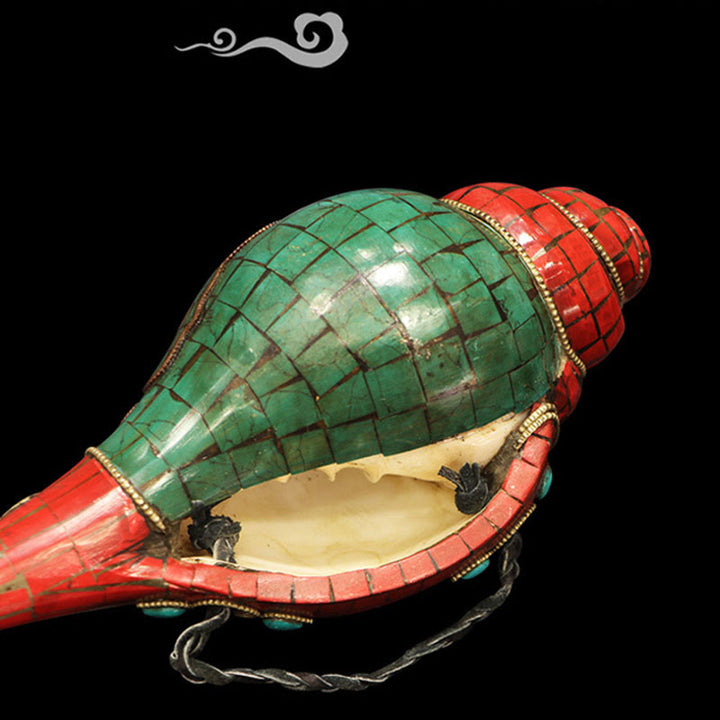 Concha tibetana hecha a mano Shankha Om Mani Padme Hum Buda, decoración de la suerte - image 8