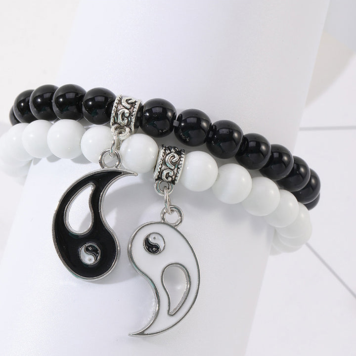 Buddha Stones 2 uds. Pulsera de pareja de protección Yin Yang con cuentas de turquesa blanca y ónix negro
