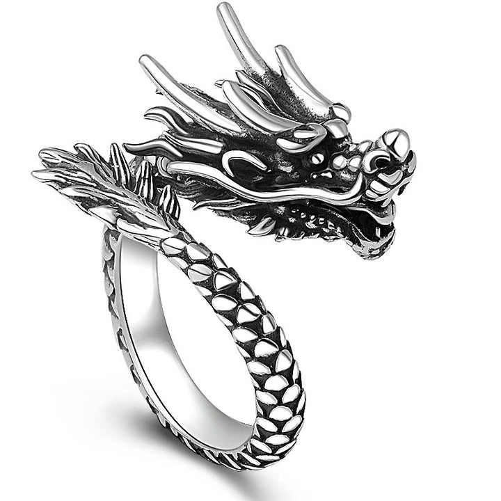 Anillo ajustable de plata de ley 990 con Buddha Stones , diseño de dragón vintage, protección de la suerte y fuerza - Negro vintage (tallas ajustables US7- US12 ) - image 0