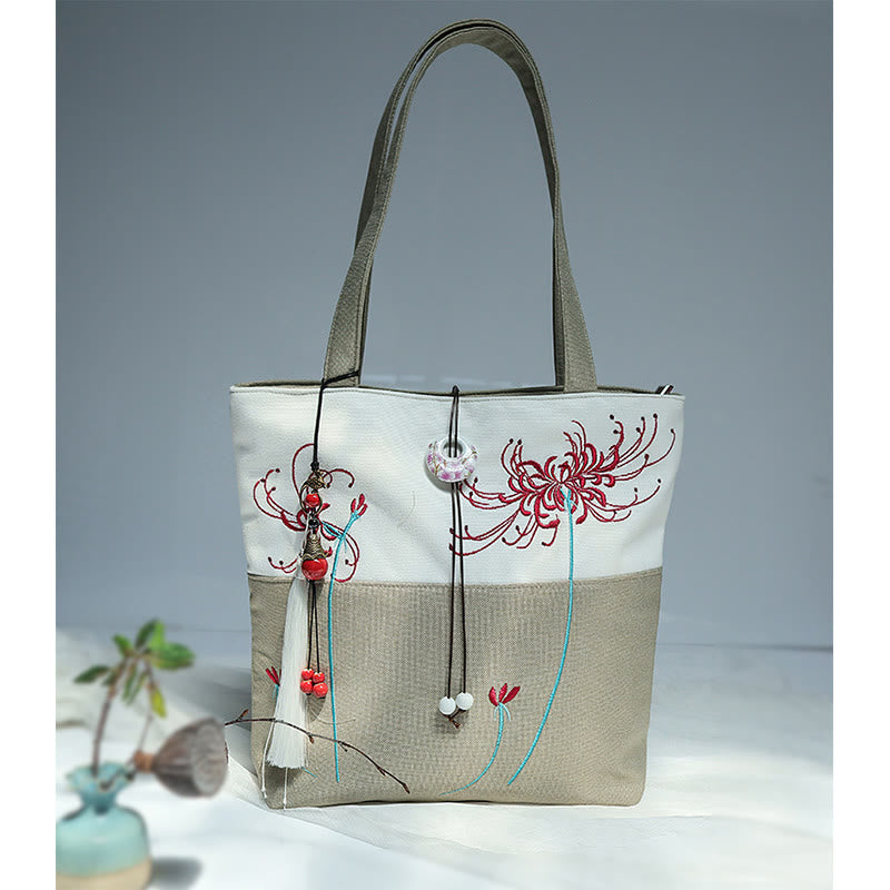 Bolso de hombro de gran capacidad con bordado de bambú, flor de pera, ciruelo, flor de melocotón, bolso de mano