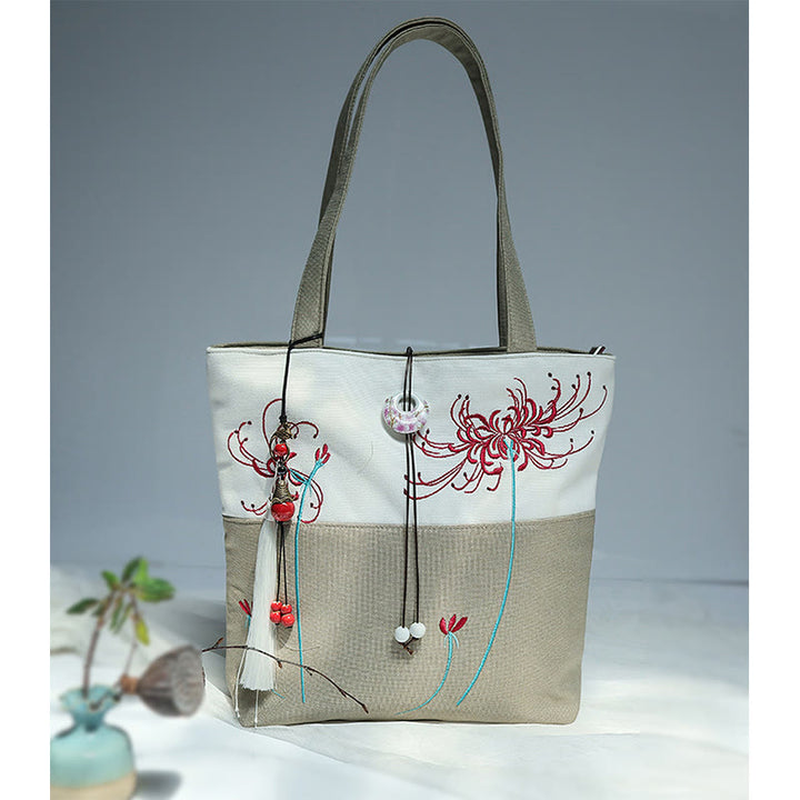 Bolso de hombro de gran capacidad con bordado de bambú, flor de pera, ciruelo, flor de melocotón, bolso de mano