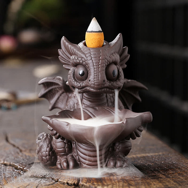 Precioso dinosaurio de arcilla púrpura, fuente de humo de reflujo, decoración de quemador de incienso curativo