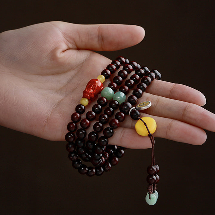 Buddha Stones zodiaco chino Buda Natal 108 cuentas Mala hoja pequeña sándalo rojo ágata roja pulsera de protección PiXiu
