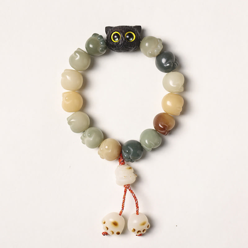 Pulsera de sabiduría de gato de la suerte, madera de ébano, semilla Bodhi Natural, Buddha Stones - Semilla de Bodhi multicolor - Versión con borlas (circunferencia de muñeca 14-15 cm) - image 7