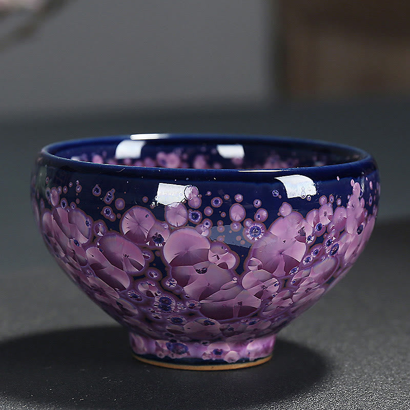 Taza de té de porcelana con Buddha Stones, flores de Iris coloridas, horno chino Jianzhan, cambio, Tenmoku, Kung Fu