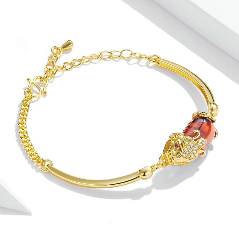 Pulsera de la suerte de la riqueza PiXiu de ágata roja dorada FengShui