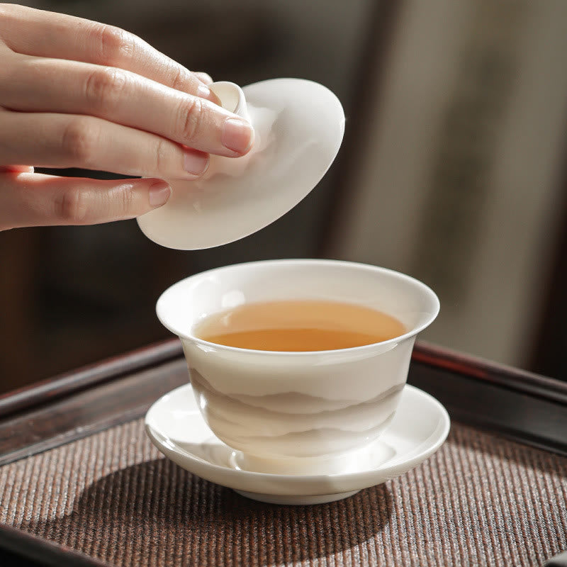 Buddha Stones Pintura De Tinta Vintage Montaña Porcelana Blanca Cerámica Gaiwan Sancai Taza De Té Kung Fu Taza De Té Y Platillo Con Tapa Utensilio De Té Tetera