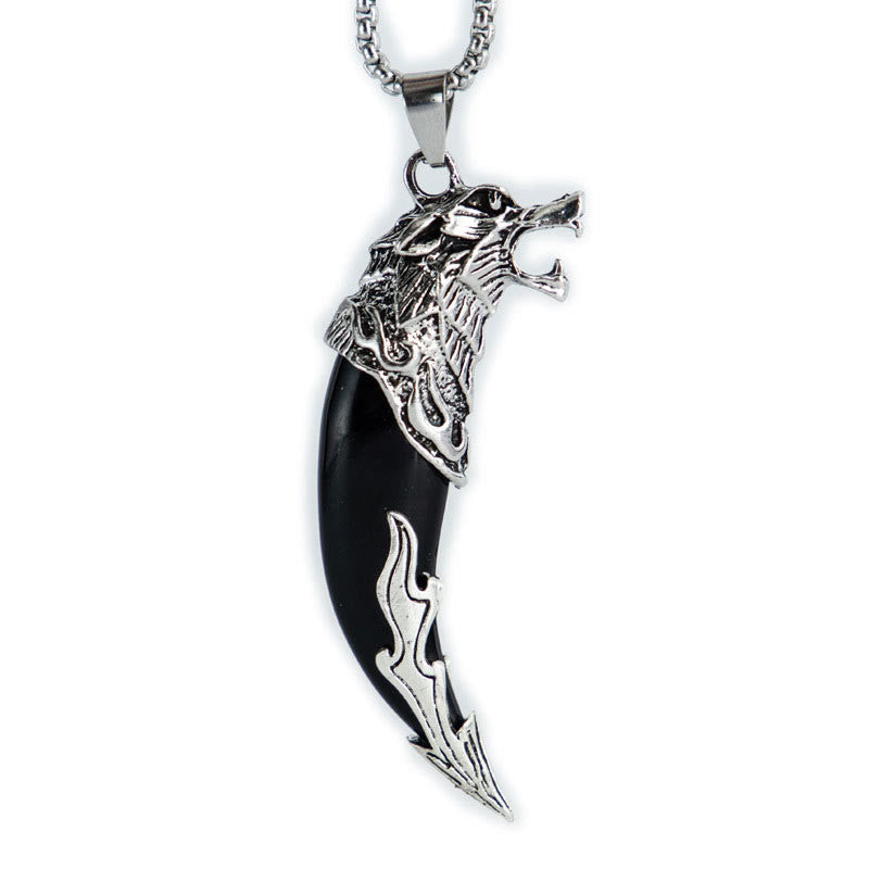 Colgante de collar de equilibrio de acero de titanio con diente de lobo de imitación de Buddha Stones